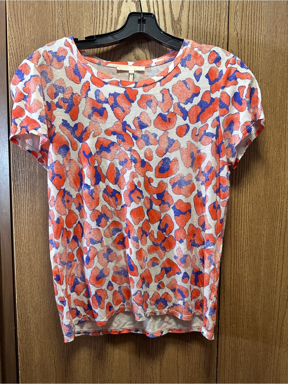 Rare Maje Short Sleeve Scoop Neck Top - Orange & Blue Poppy Leopard Pattern